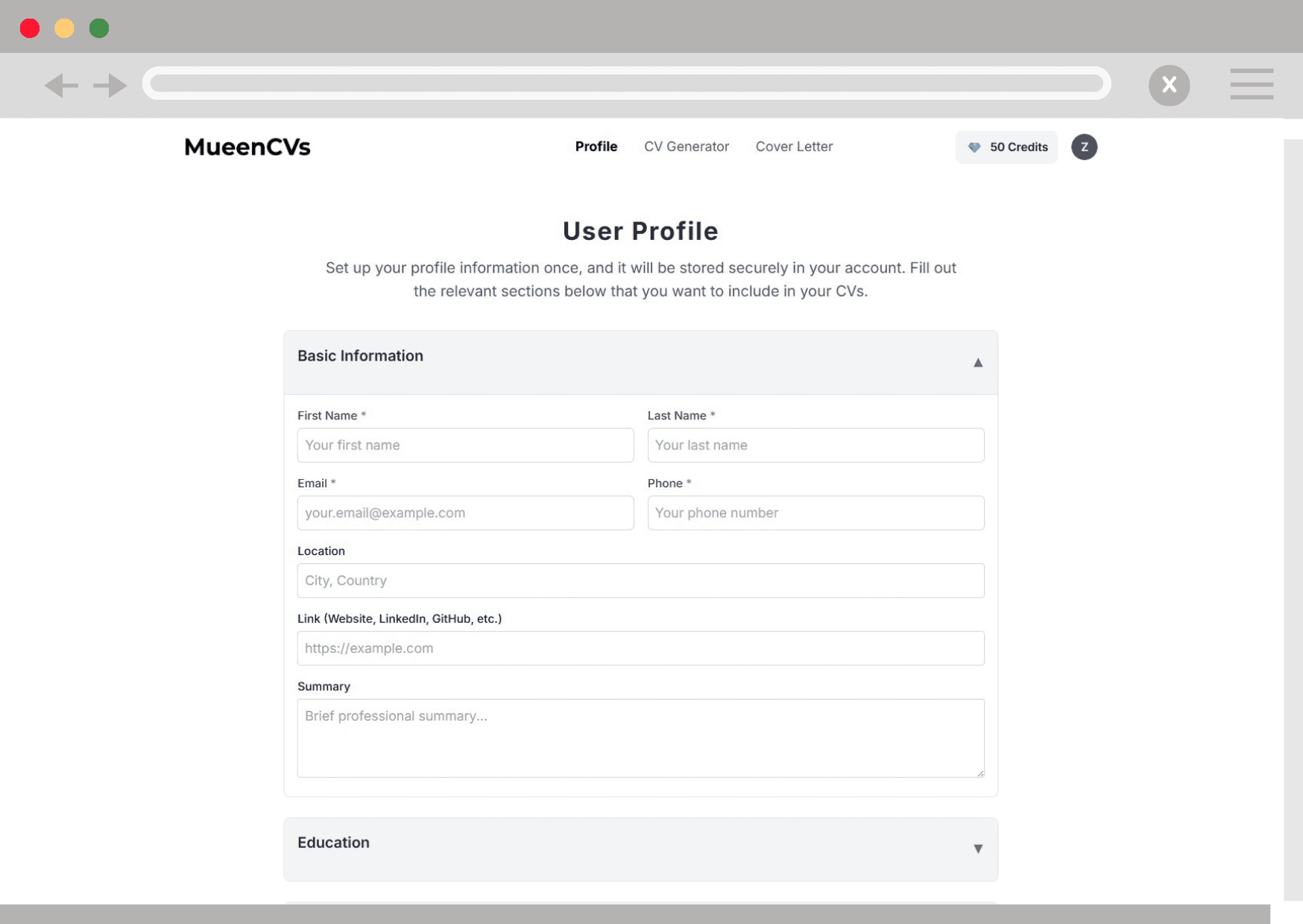 Complete Your Profile Screenshot